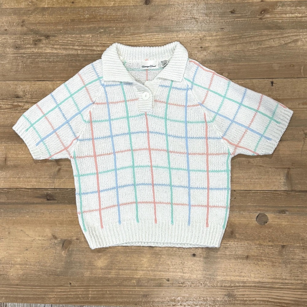 Vintage 1980s pastel grid‎ short sleeve Small Knit Sweater Carriage Court USA